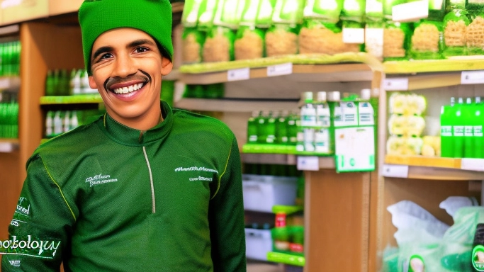 Motoboy with green clothes. deliveryng organic and natural foods.